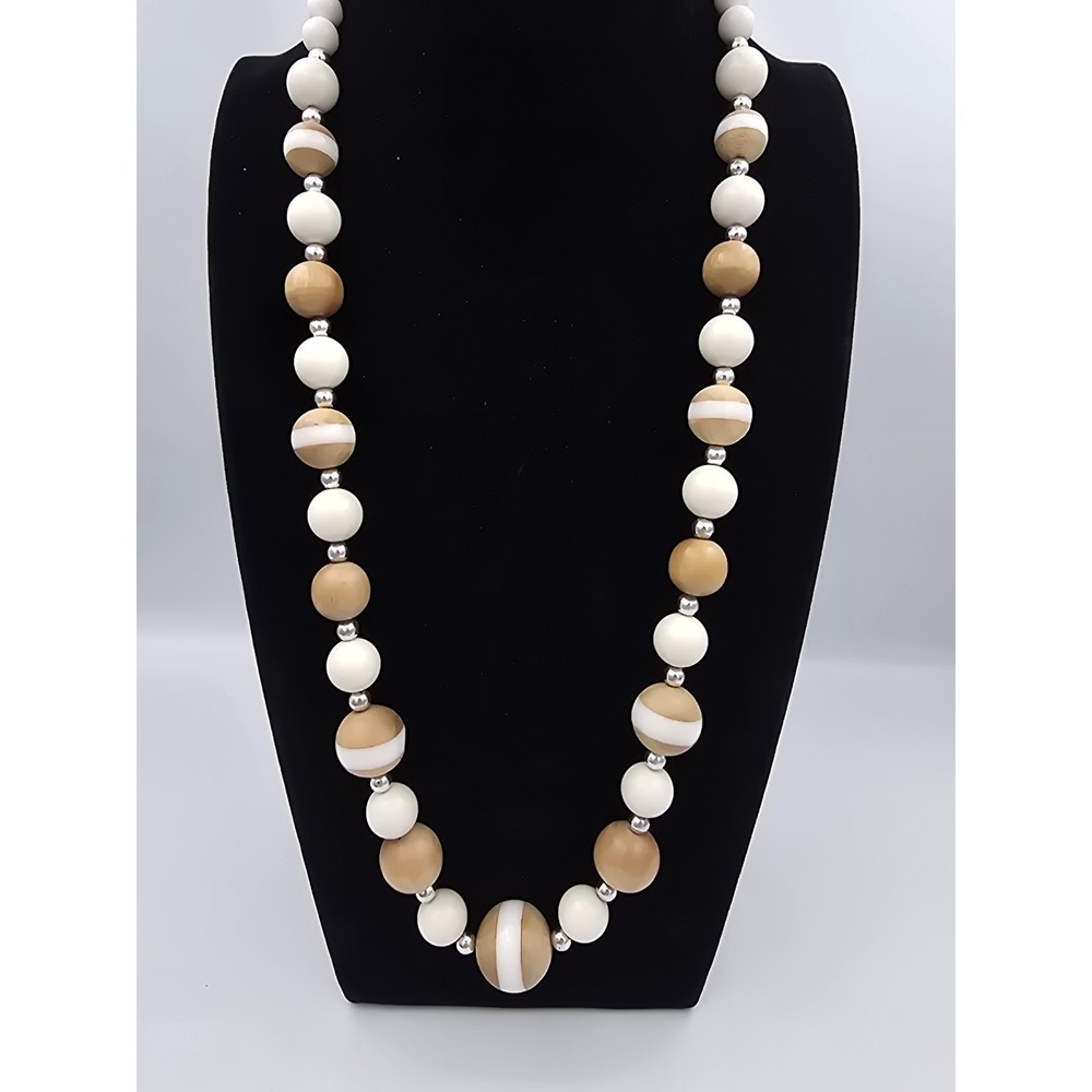 Vintage Wood & White Beaded Necklace Long Statement Jewelry Silver Tone Clasp